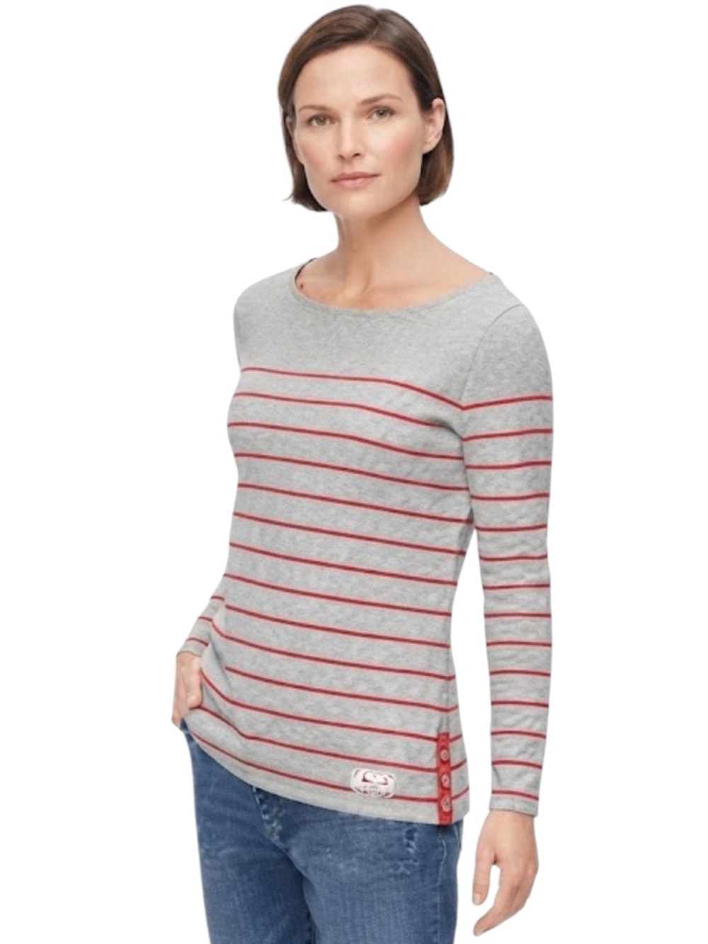 Striped Boatneck Long Sleeve Top Gray Orange Button Hem Talbots XL
EE